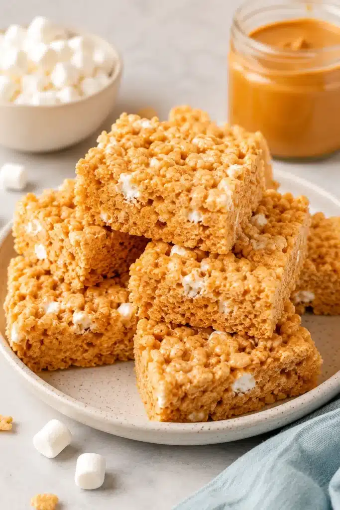 Peanut Butter Rice Krispie Treats stacked on a ceramic plate with gooey marshmallows and peanut butter.