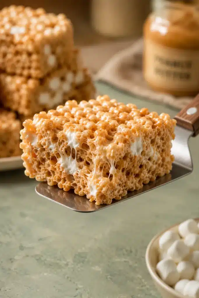 Peanut Butter Rice Krispie Treats lifted on a spatula showing a soft chewy marshmallow filled center