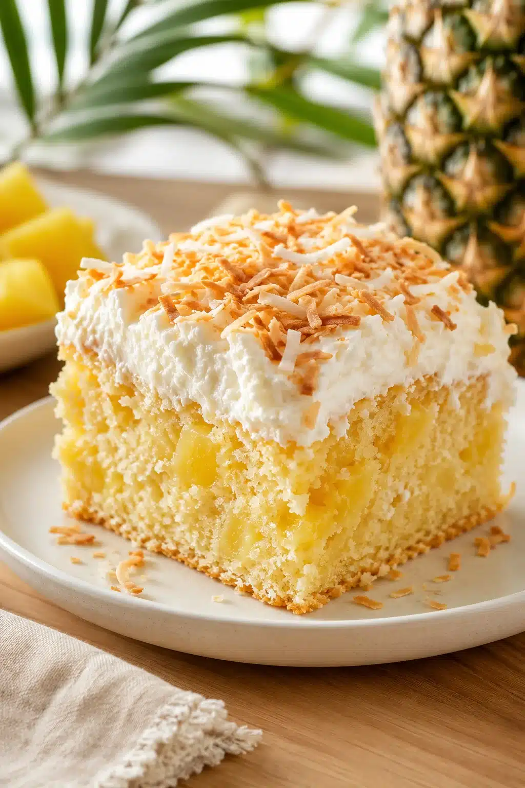 Moist Pina Colada Cake topped with creamy coconut frosting and toasted coconut flakes.