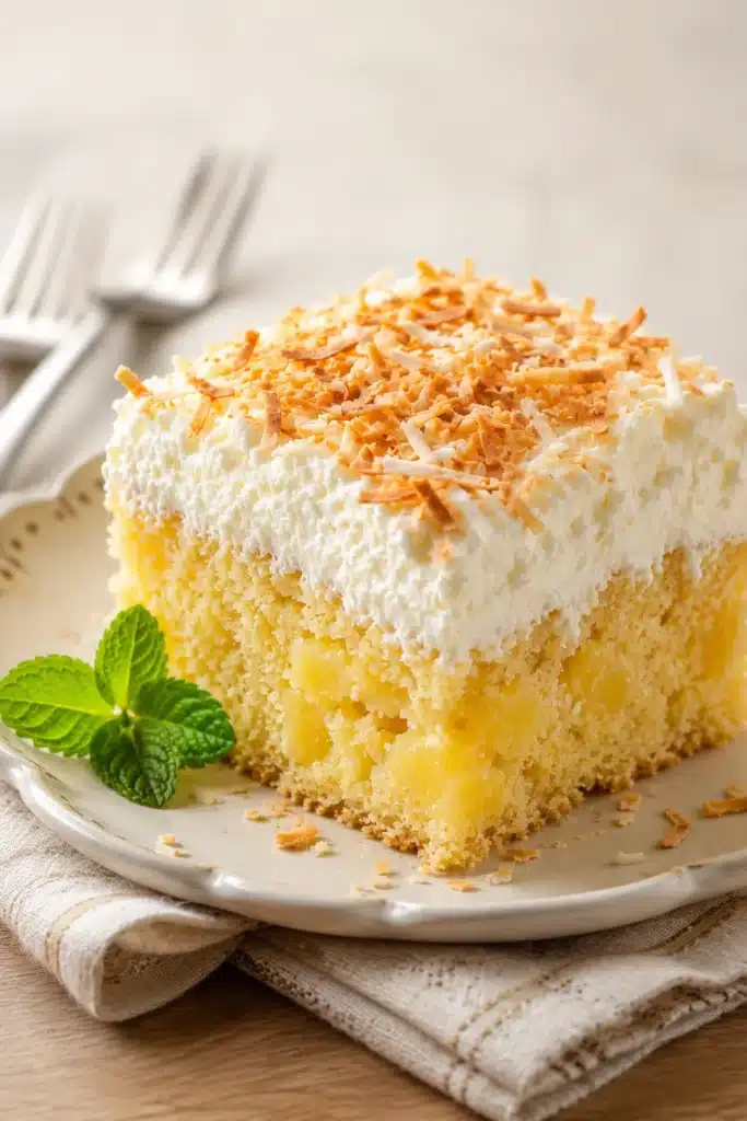 Pina Colada Cake topped with fluffy coconut frosting and toasted coconut flakes