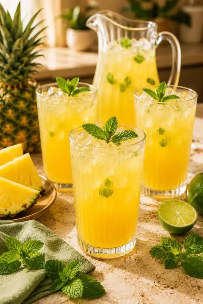 Pineapple Agua Fresca 3 Pineapple Agua Fresca served in three glasses with fresh mint, lime, and pineapple