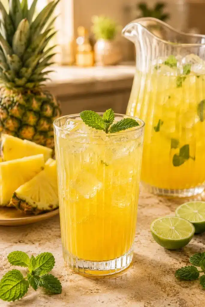 Fresh Pineapple Agua Fresca served over ice with mint, pineapple slices, and lime in a bright summer kitchen.