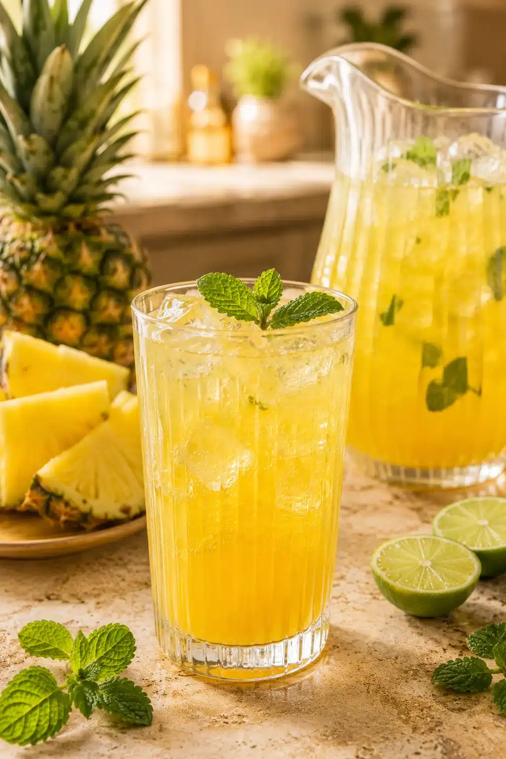 Fresh Pineapple Agua Fresca served over ice with mint, pineapple slices, and lime in a bright summer kitchen.