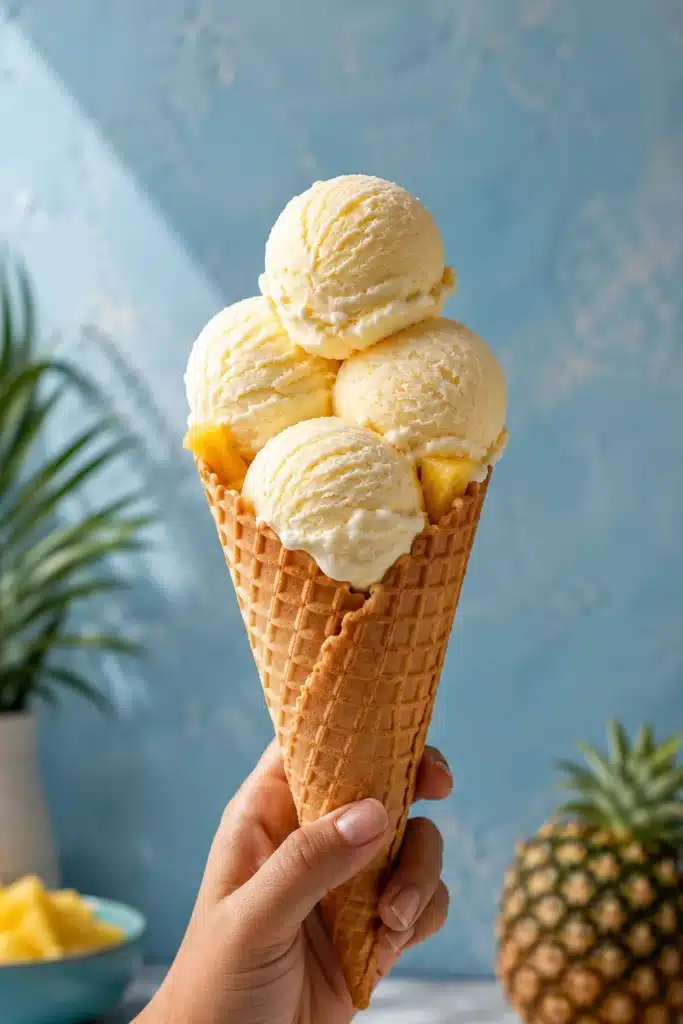 Pineapple Ice Cream 3 Pineapple Ice Cream scoops stacked on a crispy waffle cone