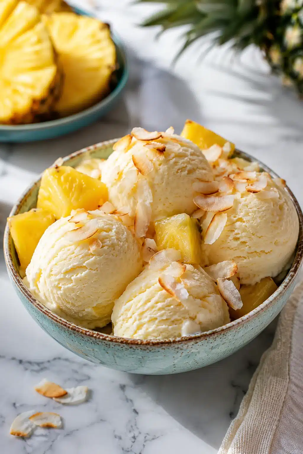 Homemade pineapple ice cream with fresh pineapple chunks and toasted coconut in a ceramic bowl