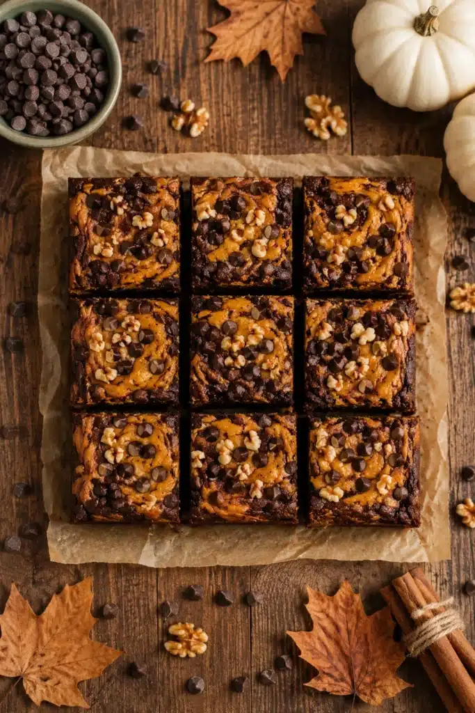 Pumpkin Brownies 3 Pumpkin Brownies with chocolate chips and walnuts arranged on parchment paper