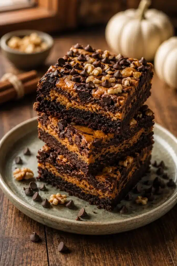 Pumpkin brownies stacked with chocolate chips and pumpkin swirl on a ceramic plate