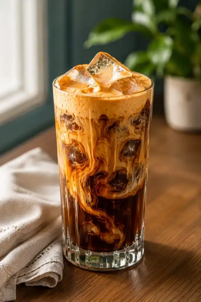 Homemade Pumpkin Cream Cold Brew with creamy pumpkin foam over iced cold brew coffee.