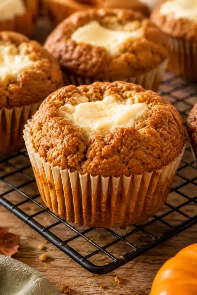 Pumpkin Muffins 3 Pumpkin cream cheese muffin on a cooling rack with creamy filling and bakery style top