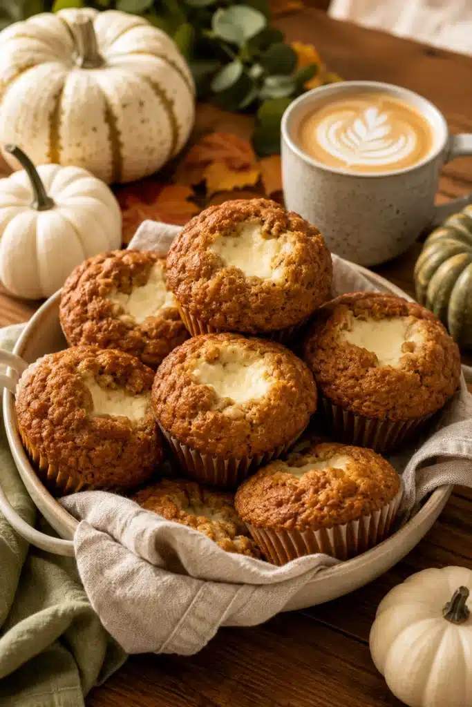 Pumpkin cream cheese muffins in a rustic basket with fall pumpkins and coffee