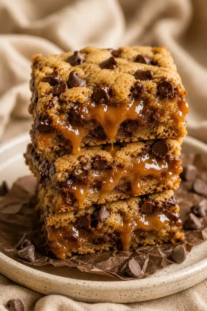 Quick and Easy Carmelitas stacked with gooey caramel and chocolate chip cookie layers