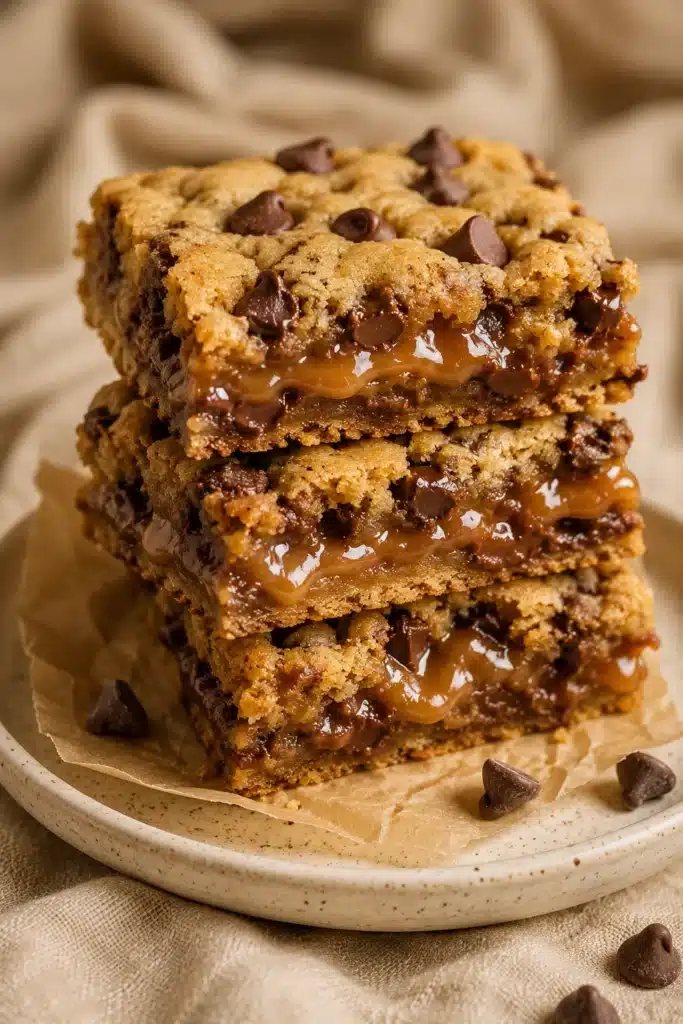 Quick and Easy Carmelitas stacked with gooey caramel, chocolate chips, and soft cookie layers.