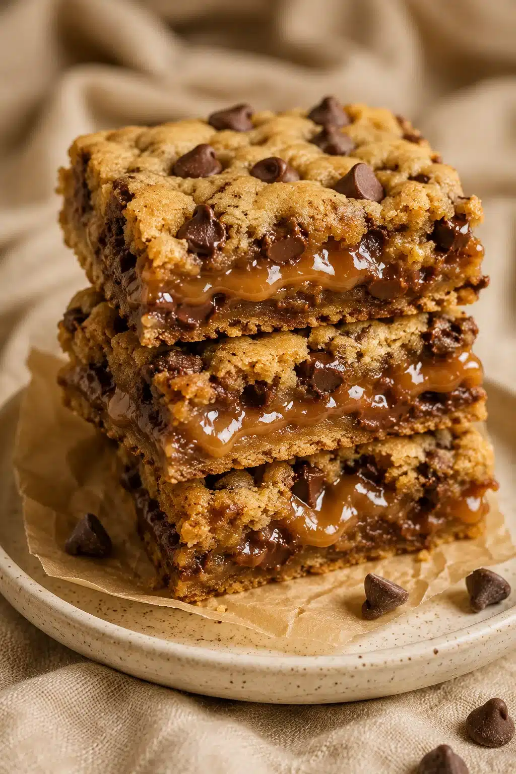 Quick and Easy Carmelitas stacked with gooey caramel, chocolate chips, and soft cookie layers.
