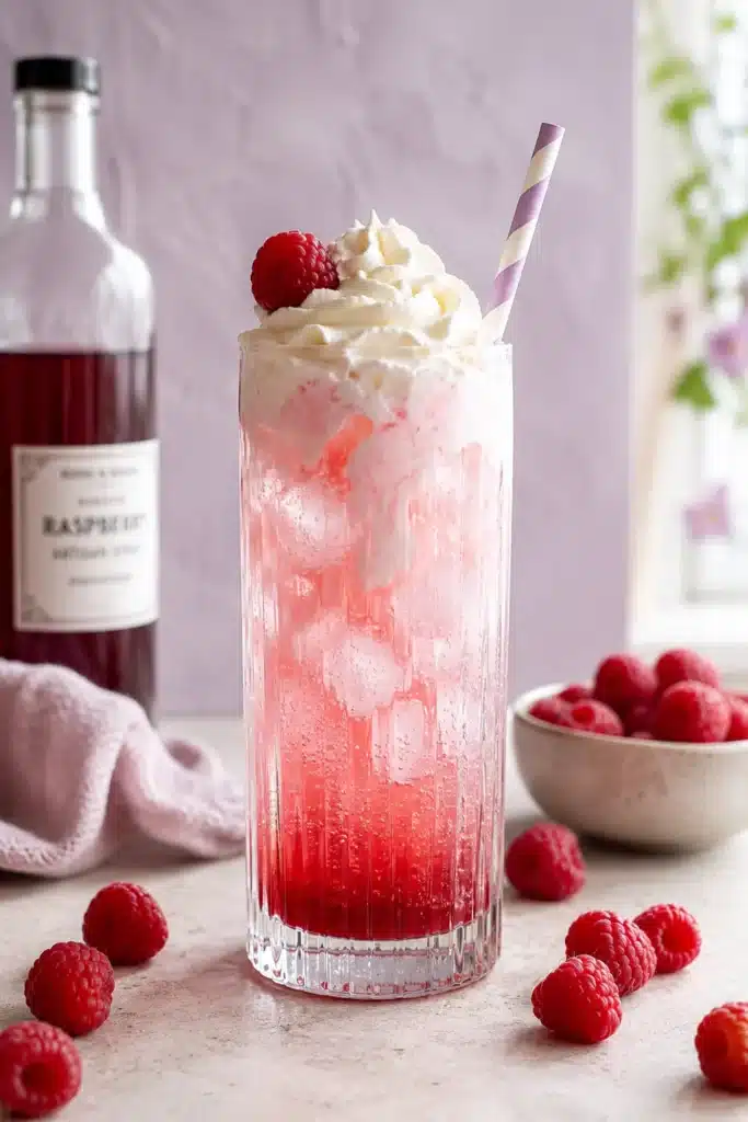 Raspberry Italian Cream Soda 3 Raspberry Italian Cream Soda with whipped cream and fresh raspberries in a crystal glass.