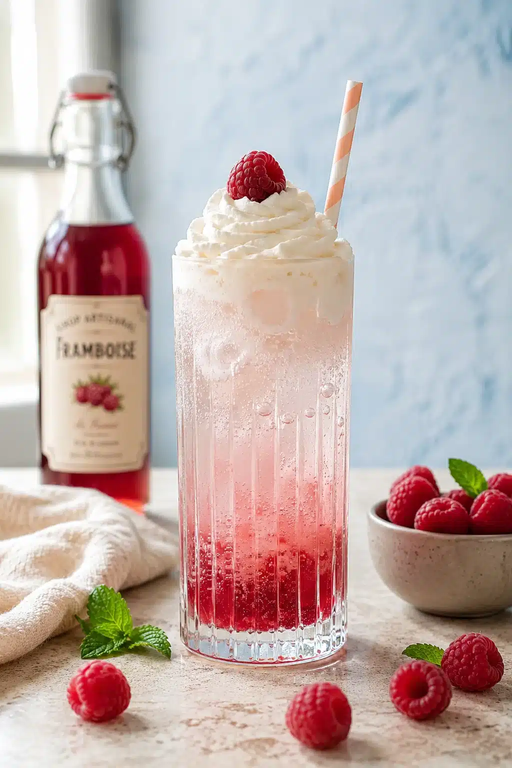 Raspberry Italian Cream Soda topped with whipped cream and fresh raspberries in a tall glass.