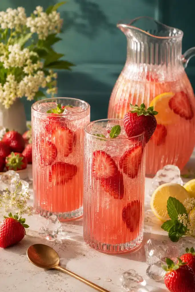 Homemade Red Robin Strawberry Lemonade with fresh strawberries, ice, and lemon in tall fluted glasses.