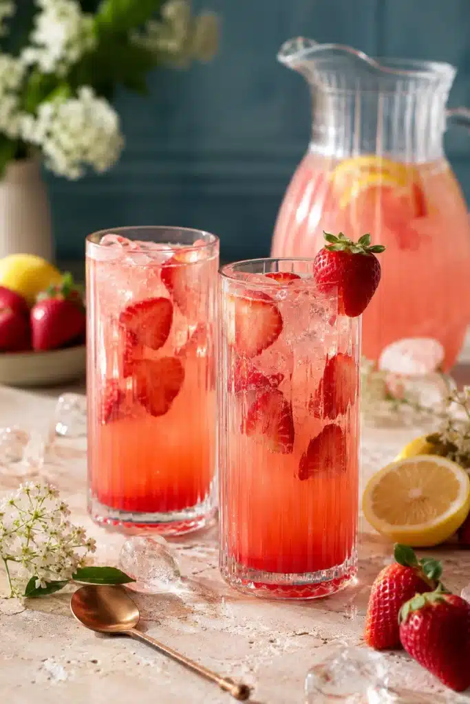 Homemade Red Robin Strawberry Lemonade with fresh strawberries, lemon slices, and ice in tall glasses.