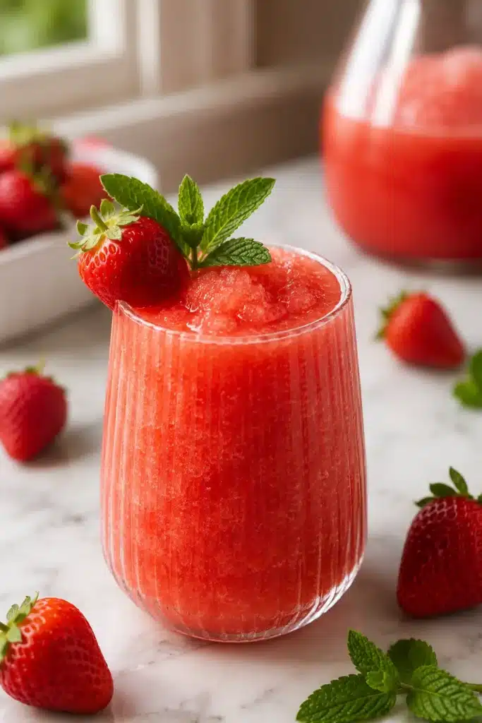 Strawberry Frosé frozen cocktail garnished with fresh strawberry and mint in a ribbed glass.