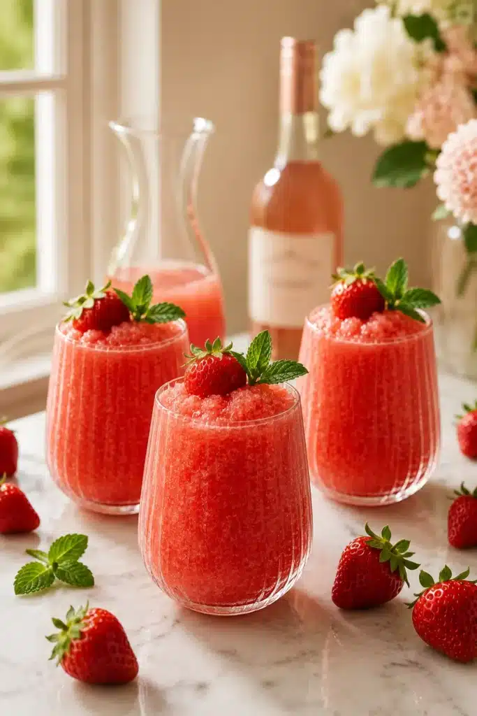 Strawberry Frosé served in three glasses with fresh strawberries and mint garnish.
