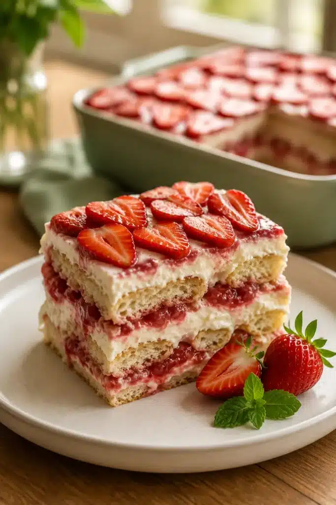 Strawberry tiramisu with creamy mascarpone, fresh strawberries, and layered ladyfingers on a dessert plate.