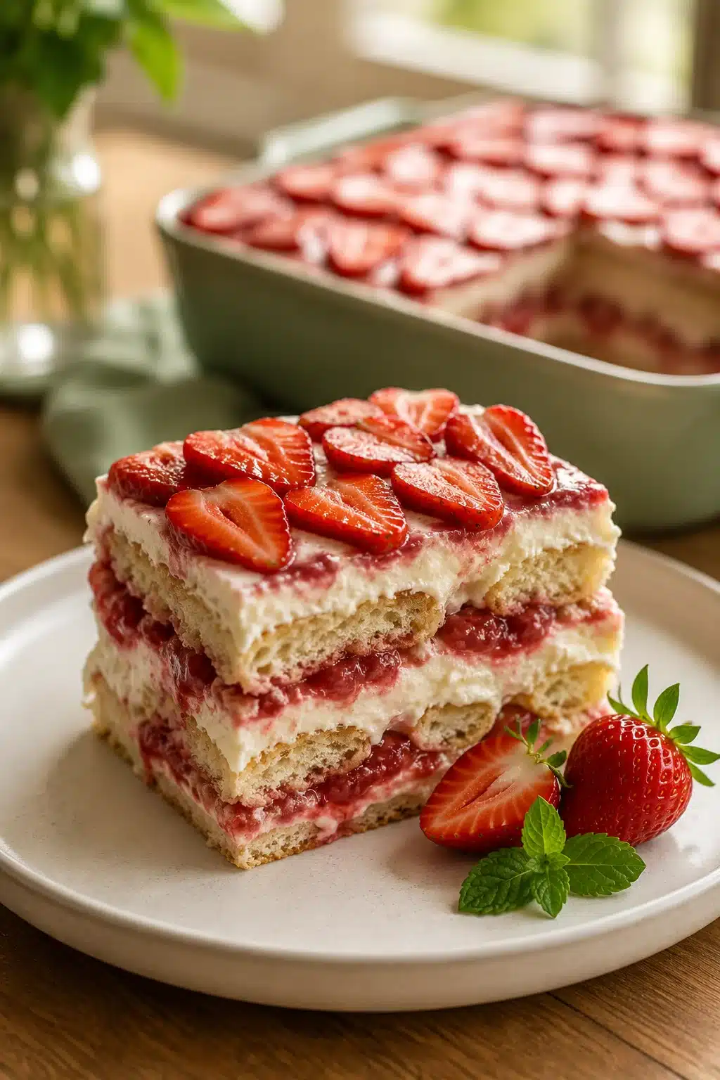 Strawberry tiramisu with creamy mascarpone, fresh strawberries, and layered ladyfingers on a dessert plate.