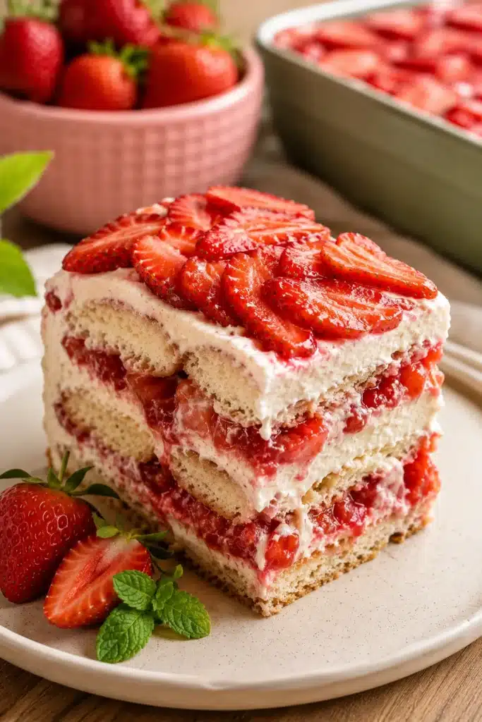 Strawberry Tiramisu with creamy mascarpone and fresh strawberry layers