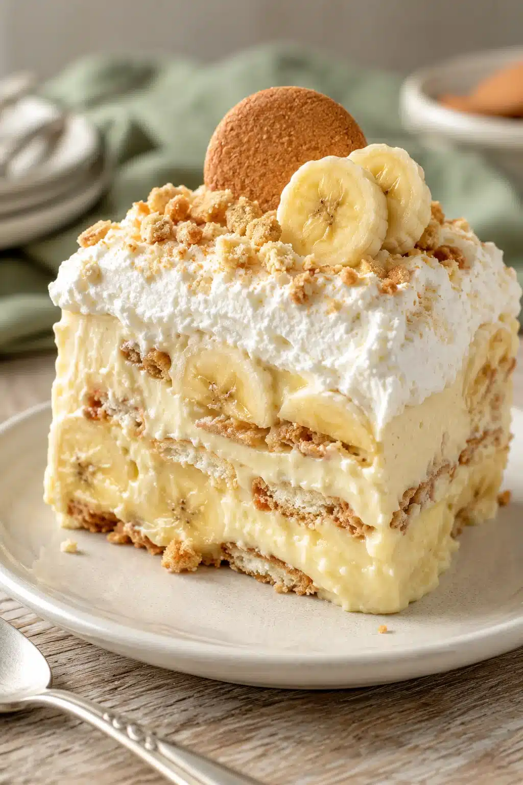 Creamy homemade banana pudding with whipped cream, banana slices, and vanilla wafers on a dessert plate.