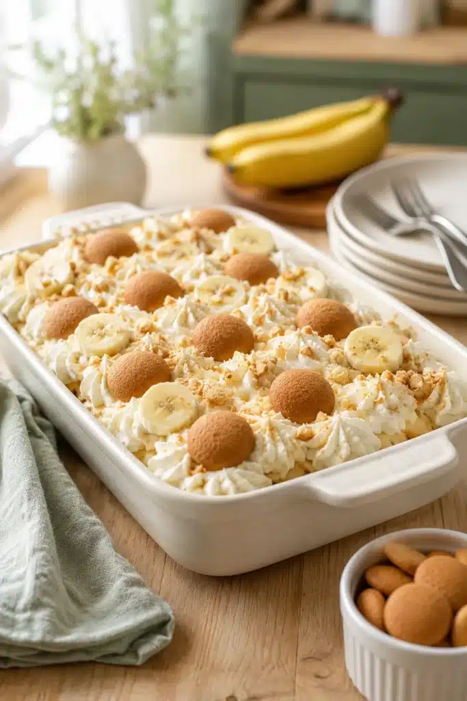 The BEST Banana Pudding in a baking dish topped with whipped cream, bananas, and vanilla wafers