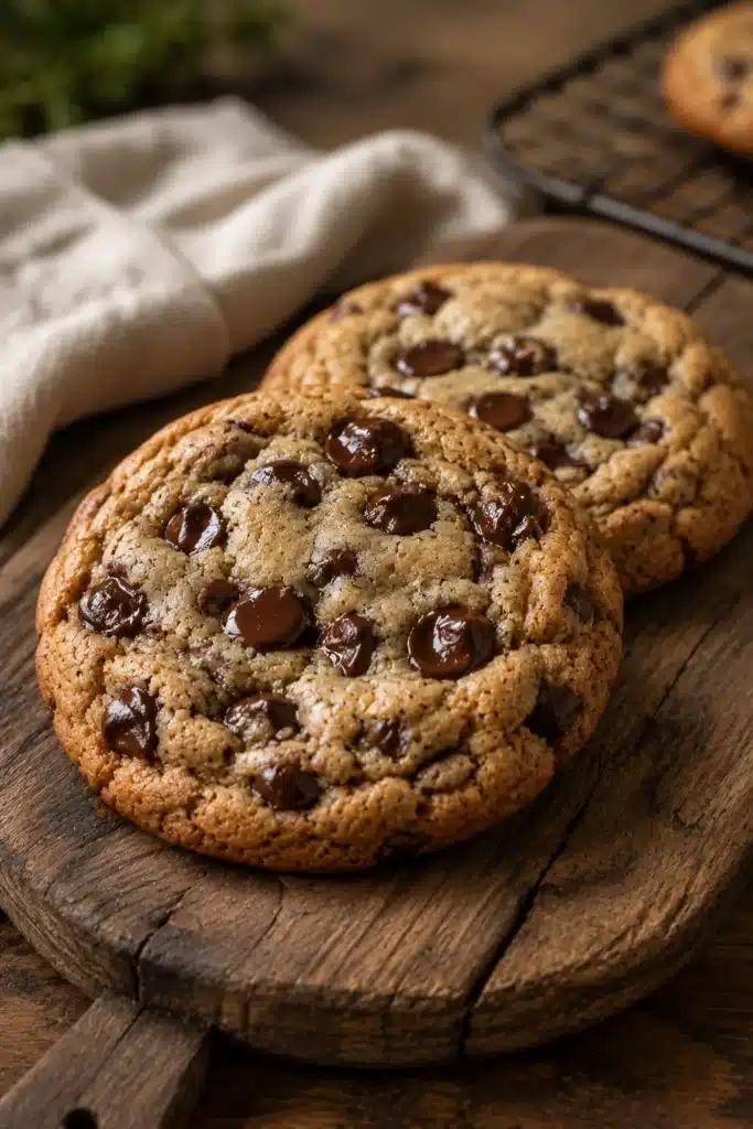 The BEST Chewy Chocolate Chip Cookies on a rustic wooden board with rich chocolate chips