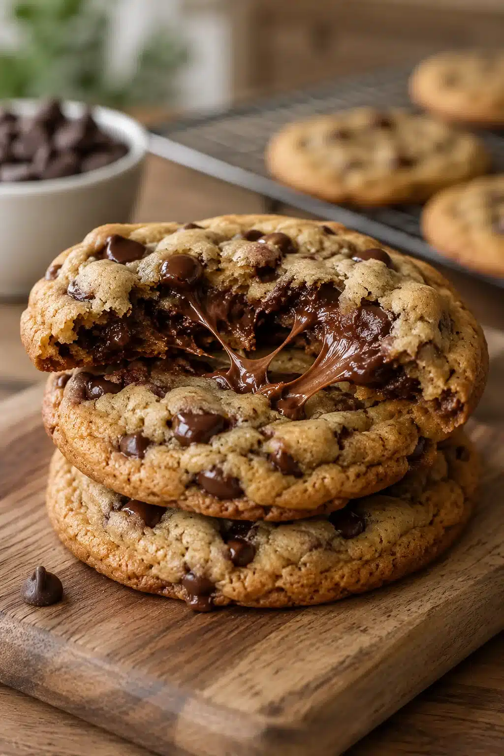 The BEST Chewy Chocolate Chip Cookies stacked with gooey melted chocolate chips on a wooden serving board