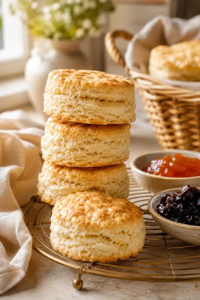 The BEST Homemade Biscuit Recipe with flaky buttery biscuits and fruit preserves
