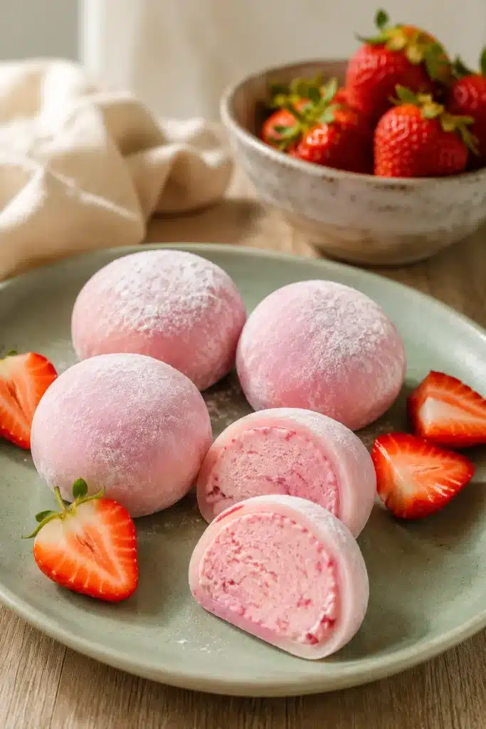 Vegan strawberry mochi ice cream with creamy pink filling served with fresh strawberries.