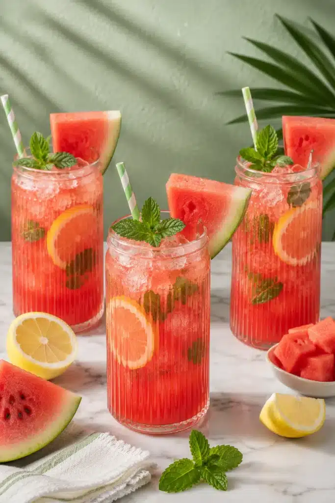 Watermelon Lemonade served in mason jars with ice, watermelon wedges, lemon slices, and mint.
