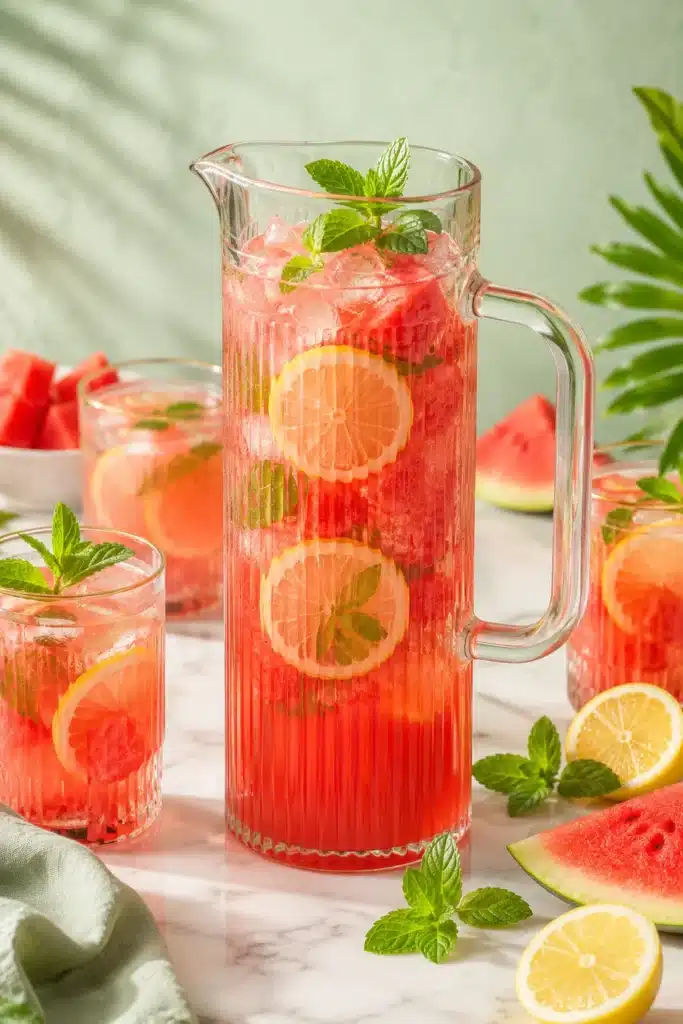 Fresh watermelon lemonade in a glass pitcher with lemons, mint, ice, and watermelon slices.
